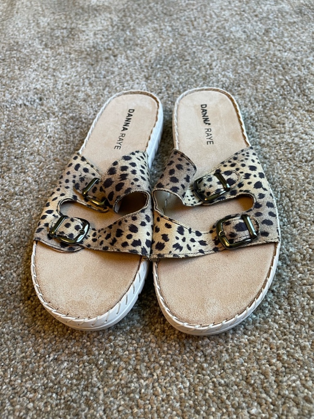 Danna Raye Leopard Print Double Buckle Slide Sandals - Beige/Black Size 8 - Picture 2 of 9